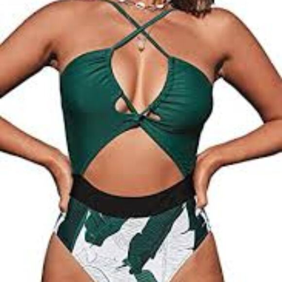 CUPSHE WOMEN'S CUTOUT ONE PIECE LEAFY CRISSCROSS FRONT DRAWSTRING BATHING SUIT M - Picture 1 of 9